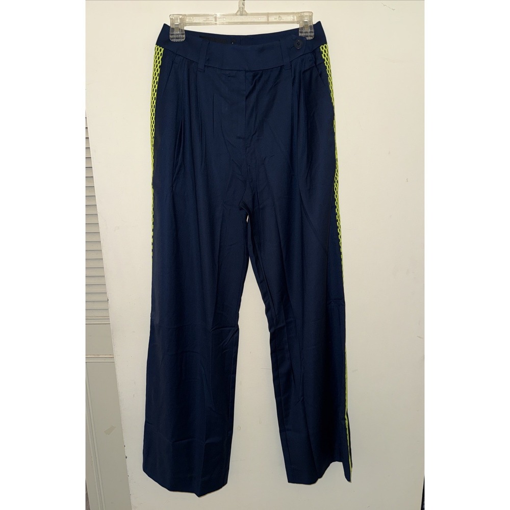 Wildfang Empower Colorblock Wide Leg Trouser 4 Navy Neon Green Mesh Pants 28x30